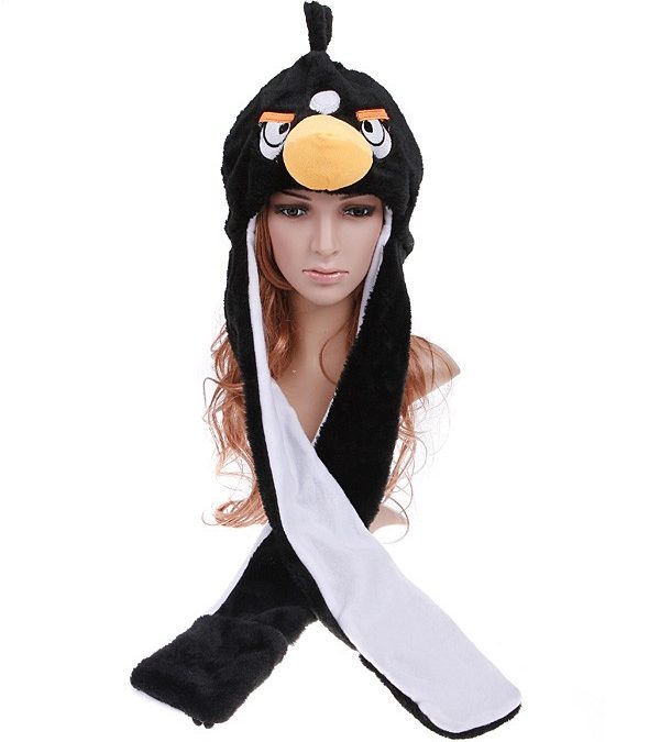 Cute Black Angry Bird Hat & Gloves