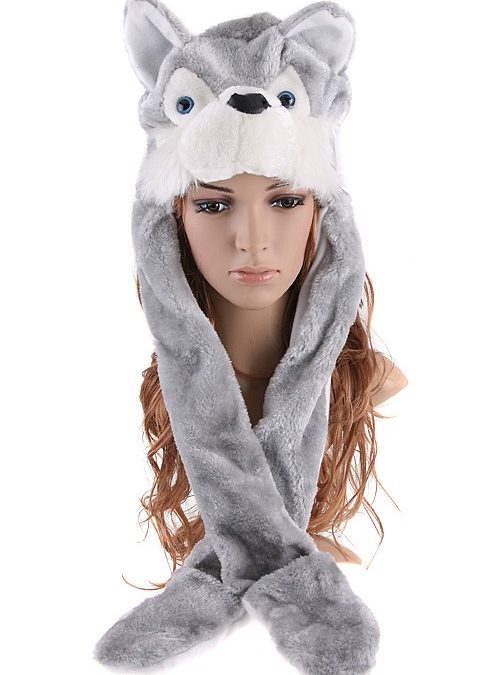 Cute Grey Wolf Hat & Earmuffs with Attached Gloves