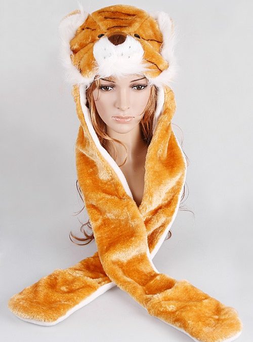 Cute Orange Tiger Hat & Earmuffs with Attached Gloves
