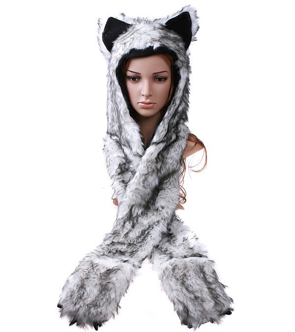 A Superplush Grey Arctic Wolf Hat & Gloves